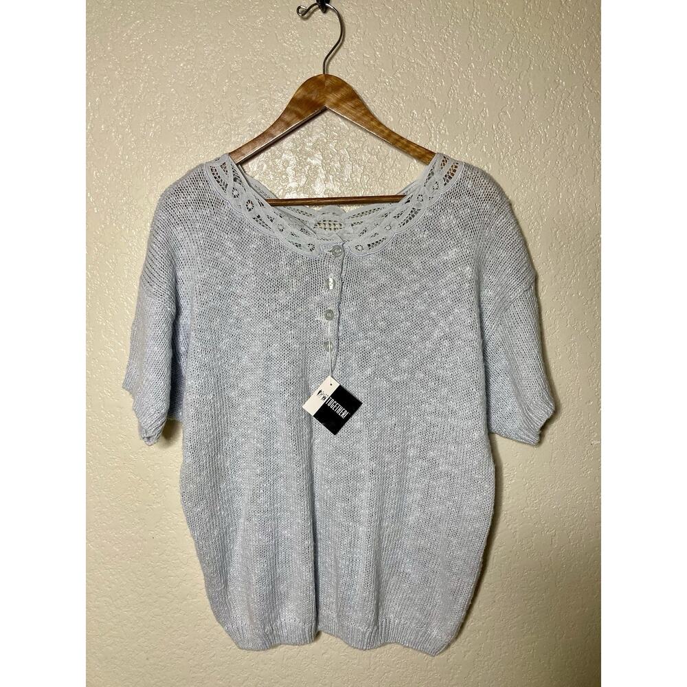 VTG 90s Knit Sweater Womens XL Pale Blue Lace Trim Dolman Sleeves NEW Deadstock